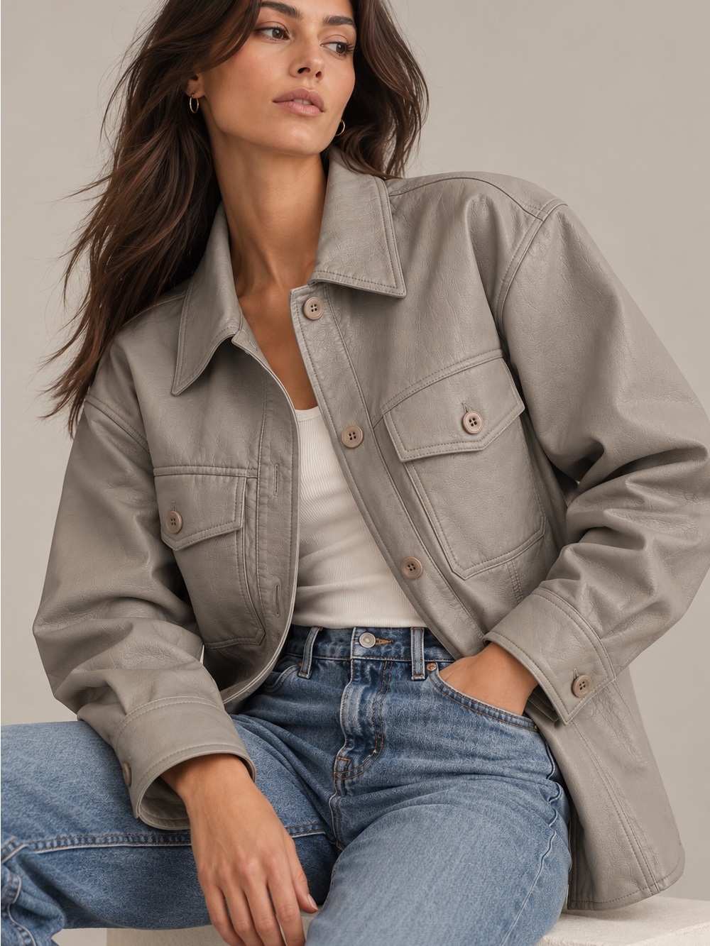 Aritzia Wilfred Ganna Vegan Leather Shirt Jacket Gray Size M